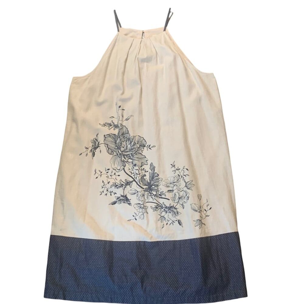 LOFT Dress Womens 8 Linen Blend Cottagecore Sleevless A Line Floral Beige Navy